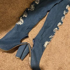 Blue jean thigh boots